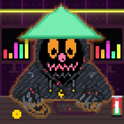 A pixel art illustration of a black cat-like creature wearing a green conical Asian hat and a dark kimono, sitting at a table with a red can and a yellow flower nearby against a dark background with colorful bars.