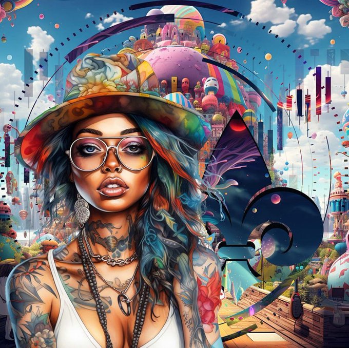 A vibrant digital pop-art style portrait of a tattooed woman wearing round glasses and a colorful hat, set against a surreal background featuring a fish, cityscape, and geometric shapes.