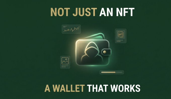 A digital graphic promoting a crypto wallet with a glowing green wallet icon surrounded by smaller icons, accompanied by the text 'NOT JUST AN NFT' and 'A WALLET THAT WORKS'.
