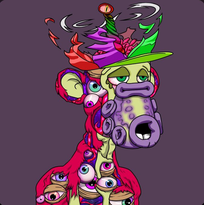 The image features a cartoon character with multiple eyes, a face, and a head that appears to be made of candy or chocolate. The character has a green hat on its head and seems to be floating in space. The background color is purple, which contrasts with the character's pinkish-red skin tone. The caption reads "GM! New mutant landed, shirtless DMT for the W".
