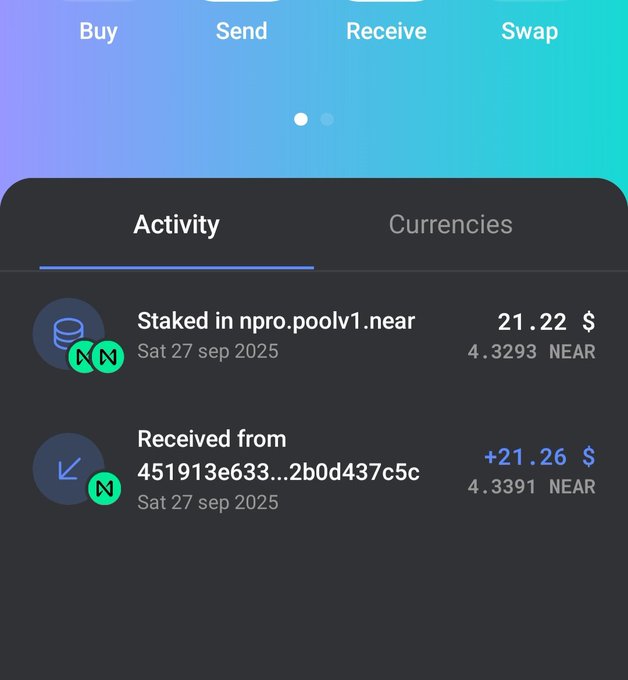 A screenshot of a cryptocurrency wallet activity tab showing transactions including 'Staked in npro.poolv1.near' for 21.22 $ (4.3293 NEAR) and 'Received from 451913e633...2b0d437c5c' for +21.26 $ (4.3391 NEAR).