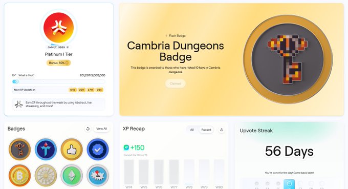 A crypto profile dashboard showing a 'Platinum I Tier' badge with 50K bonus, a 'Cambria Dungeons Badge' earned for ranking 10th, an XP recap of +150, and a 56-day upvote streak.