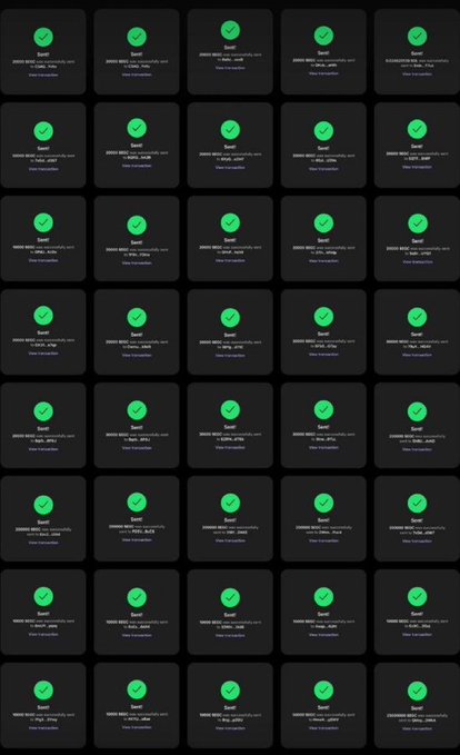 A grid of 40 identical green checkmark notifications indicating successful transactions of varying amounts, suggesting a cryptocurrency giveaway where the user has sent multiple small transfers. The image serves as visual proof supporting the post's claim of sending $50 in Solana ($SOL) to recipients who shared their wallet addresses.