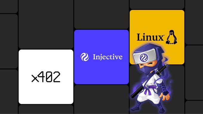 A digital grid display showing 'x402' on a white tile, 'Injective' on a purple tile, and 'Linux' with the penguin mascot on a yellow tile, accompanied by a ninja character illustration.