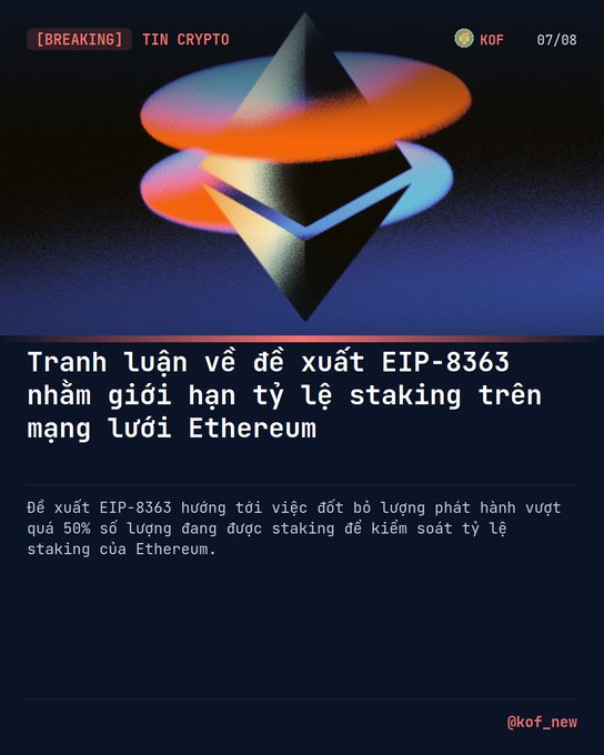 A Vietnamese cryptocurrency news graphic about Ethereum, with text reading 'Tranh luận về đề xuất EIP-8363 nhằm giới hạn tỷ lệ staking trên mạng lưới Ethereum' and labeled '[BREAKING] TIN CRYPTO' with the source '@kof_new'.