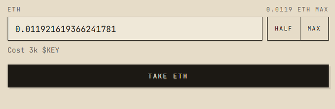 A cryptocurrency swap interface showing 0.011921619366241781 ETH being claimed in exchange for 3k $KEY, with a "TAKE ETH" button and 0.0119 ETH MAX indicator. The image relates to the user's issue of being unable to claim their ETH due to a "tx reverted" error despite having 1 key.