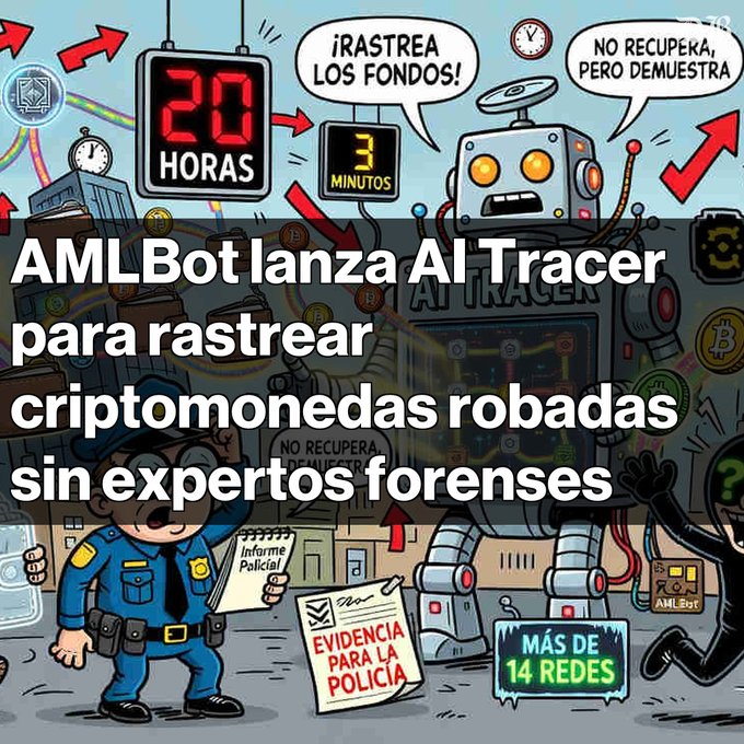A cartoon illustration advertising AMLBot's AI Tracer tool, featuring a robot, a police officer, and text reading '¡RASTREA LOS FONDOS!' and 'NO RECUPERA, PERO DEMUESTRA', with a headline stating 'AMLBot lanza AI Tracer para rastrear criptomonedas robadas sin expertos forenses'.
