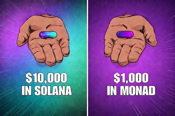 A meme-style comparison image showing two hands holding pills, with text reading '$10,000 IN SOLANA' on the left and '$1,000 IN MONAD' on the right, implying different crypto investment potentials.