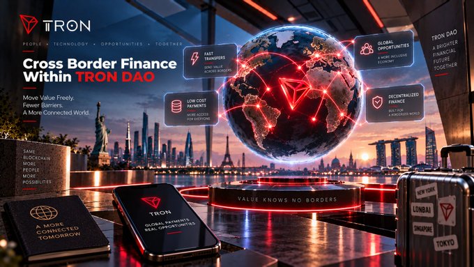 A promotional graphic for TRON DAO featuring a globe with the TRON logo, advertising 'Cross Border Finance Within TRON DAO' with slogans like 'Move Value Freely. Fewer Barriers. A More Connected World' and tags including 'FAST TRANSFERS', 'LOW COST PAYMENTS', 'GLOBAL OPPORTUNITIES', and 'DECENTRALIZED FINANCE'.