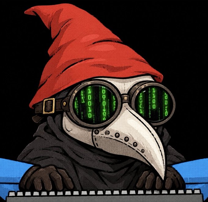 An illustration depicts a plague doctor wearing a red pointed hood and a beaked white mask with goggles displaying green code text, sitting at a keyboard.