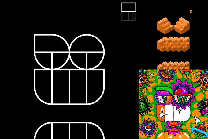 A black background featuring white geometric letter outlines on the left, alongside retro pixel-art video game imagery including brick blocks and a colorful character sprite on the right.