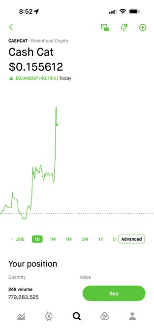 The image shows a Robinhood Crypto chart for "Cash Cat" (CASHCAT) at $0.155612, up 40.73% today, suggesting an alternative trading platform. It relates to the post by displaying crypto trading on Robinhood as an option in contrast to Coinbase.