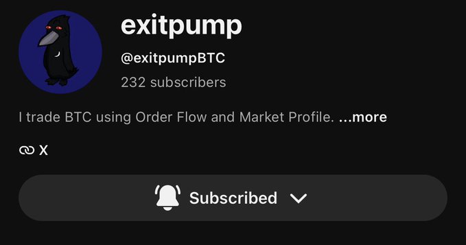 A YouTube channel page for "exitpump" (@exitpumpBTC) with 232 subscribers displays a "Subscribed" button, promoting the creator's upcoming educational trading videos and livestreams on BTC order flow and market profile at youtube.com/@exitpumpbtc.