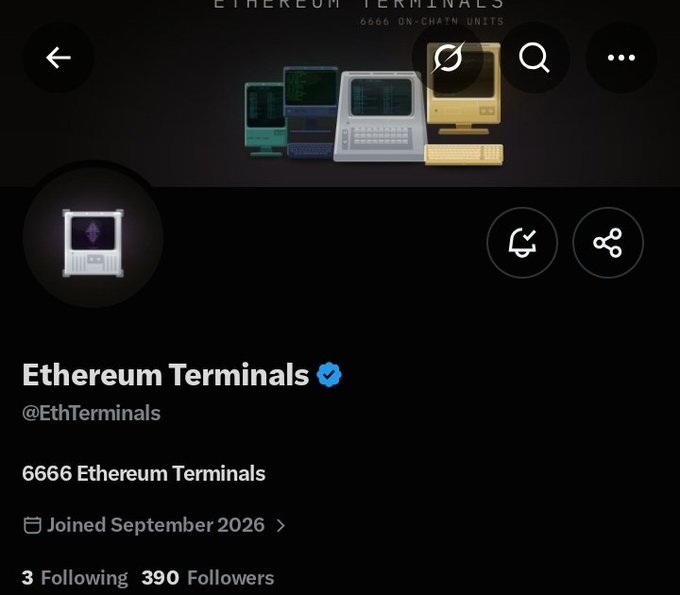 Twitter/X profile page for 'Ethereum Terminals' (@EthTerminals) showing 6,666 on-chain units, joined September 2026, with 390 followers and a header featuring pixelated retro computer illustrations.