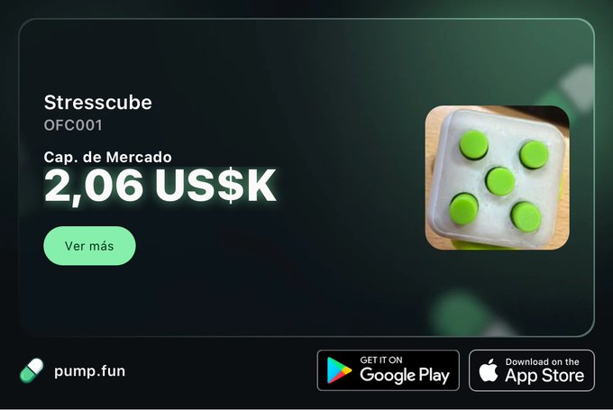 A cryptocurrency listing for 'Stresscube' (OFC001) on pump.fun showing a market cap of '2,06 US$K', with app download buttons for Google Play and the App Store.