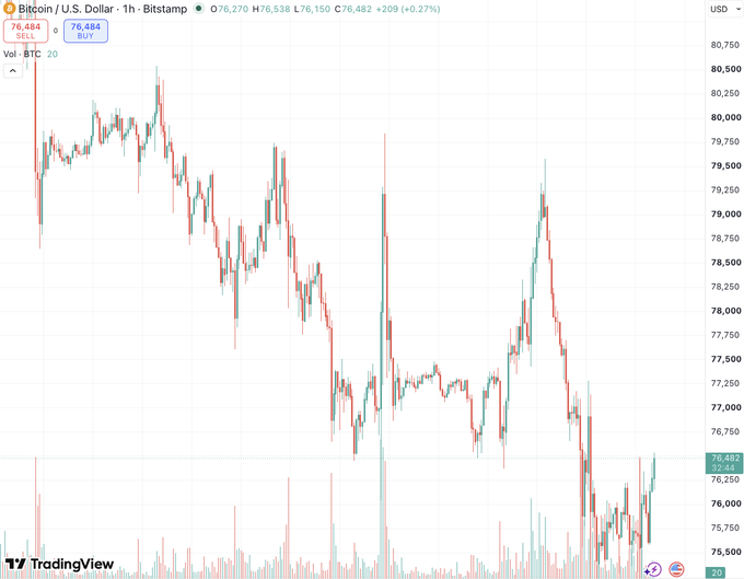 The image is a 1-hour TradingView candlestick chart of Bitcoin (BTC/USD) on Bitstamp, showing price action ranging from roughly $75,250 to $80,750, with BTC currently trading at $76,484, slightly up +0.27%, illustrating the context of the post where the author mocks critics as Bitcoin hovers near the $76,000 level they referenced while warning of a potential drop toward $60,000.