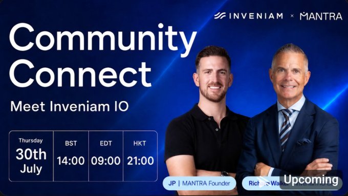 An event announcement banner for 'INVENIAM x MANTRA' titled 'Community Connect' featuring two men in dark shirts, with the event scheduled for 'Thursday 30th July' at times BST 14:00, EDT 09:00, and HKT 21:00.