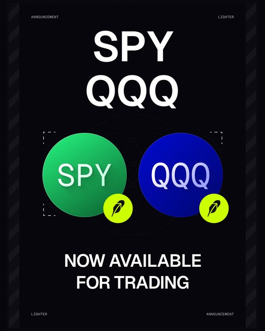 A promotional announcement graphic showing green 'SPY' and blue 'QQQ' circles with 'NOW AVAILABLE FOR TRADING' text, branded as a Lighter announcement.
