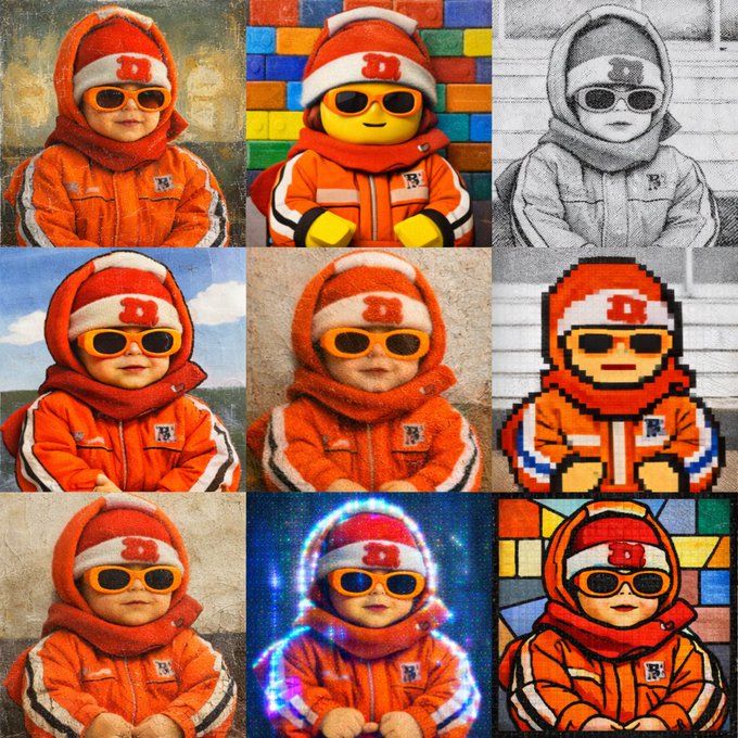 A 3x3 grid showing a baby's photo converted into nine different artistic styles (including impressionist, Lego, pencil sketch, Renaissance painting, pixel art, and neon), all styled with the baby wearing an orange jacket and sunglasses.