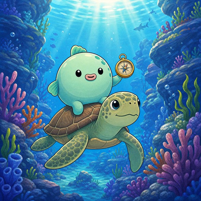 A cute mint-green blob character rides a friendly sea turtle while holding a golden compass underwater, surrounded by vibrant coral reefs and sunlit ocean rays, mirroring the adventurous "LAST CALL" announcement for the $BLOB token and symbolizing the final guided journey to join the list before the big reveal.