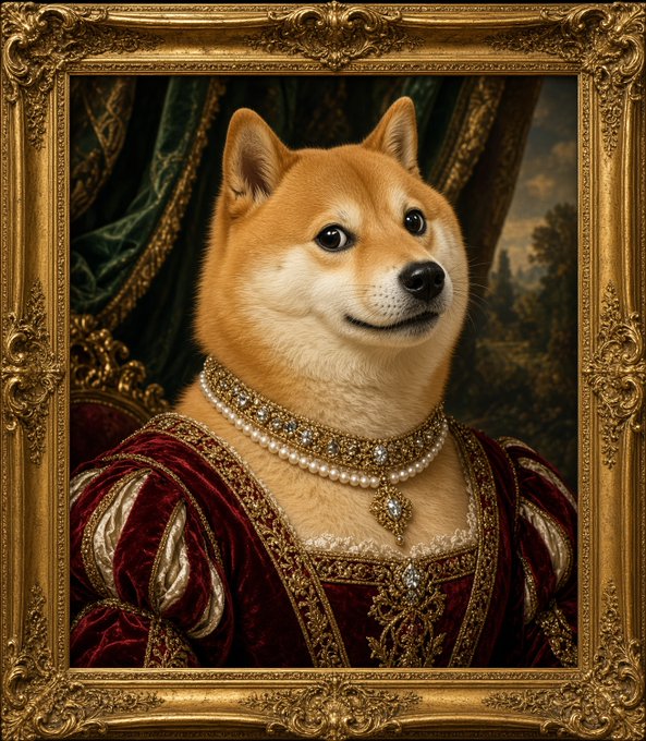 A regal Shiba Inu is depicted in a Renaissance-style royal portrait, adorned with an ornate pearl and gold pendant necklace and dressed in a luxurious crimson velvet gown with intricate embroidery, framed by an elaborate gilded baroque frame. The opulent, historical aesthetic of the portrait humorously reinforces the post's joke by presenting the Doge as a timeless, noble figure still "pumping" in 2026.