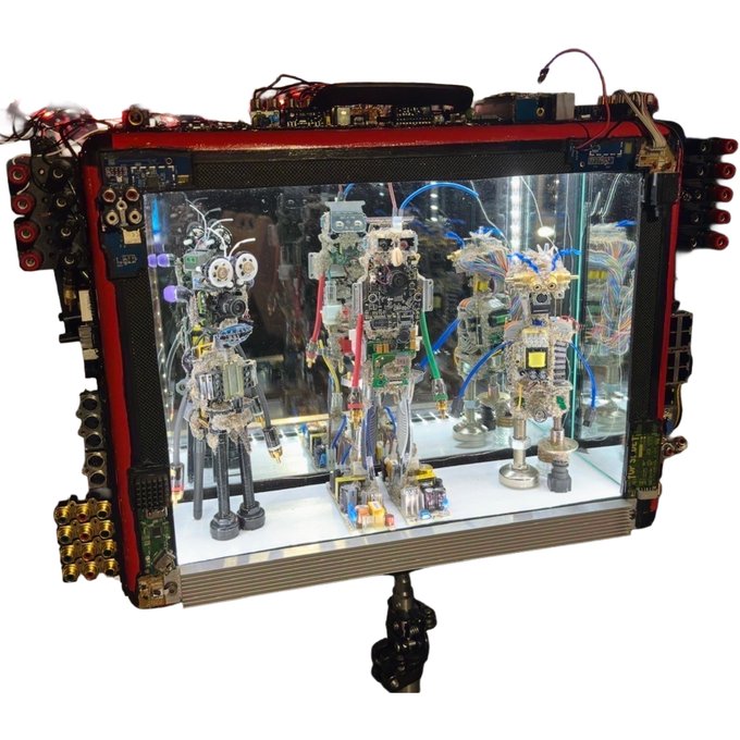 A detailed artistic display case constructed from recycled electronic components like circuit boards and wires, housing three small robotic figures with glowing eyes.