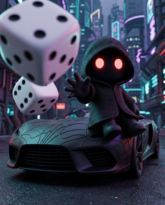 A 3D-rendered hooded figure with glowing red eyes sitting on a black sports car, reaching toward two floating dice in a neon-lit cyberpunk city.