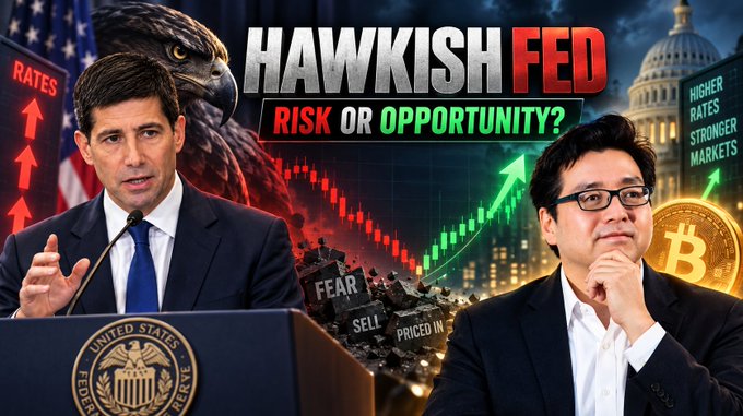 A YouTube thumbnail titled 'HAWKISH FED: RISK OR OPPORTUNITY?' featuring two men in suits, a hawk, stock charts, 'RATES' and 'HIGHER RATES STRONGER MARKETS' graphics, a Bitcoin logo, and 'FEAR / SELL / PRICED IN' text.