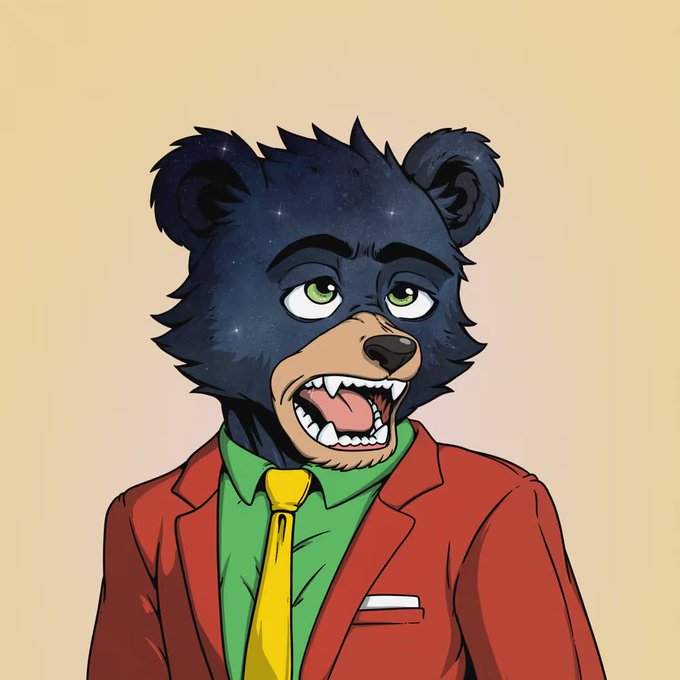 The image features a cartoon bear wearing a suit, tie, and jacket with its mouth open wide as if roaring or growling. The caption below the image reads "go mint a @bearChronicles_ $AVAX". This suggests that the bear is a character from a series of posts on social media called "@bearChronicles", which features various topics related to bears and nature, including the bear's name.