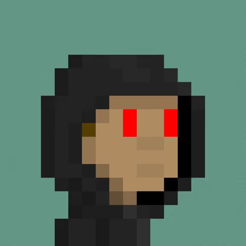 A low-resolution pixel art illustration showing a figure with dark hair, a tan face, and glowing red eyes against a teal background.