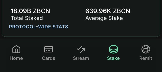 A dark-themed app interface showing '18.09B ZBCN Total Staked' and '639.96K ZBCN Average Stake' under 'PROTOCOL-WIDE STATS', with a bottom navigation menu including a highlighted 'Stake' option.