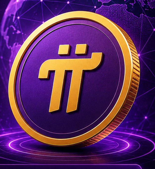 A gold and purple Pi Network cryptocurrency coin with the distinctive π logo displayed against a futuristic digital globe background.