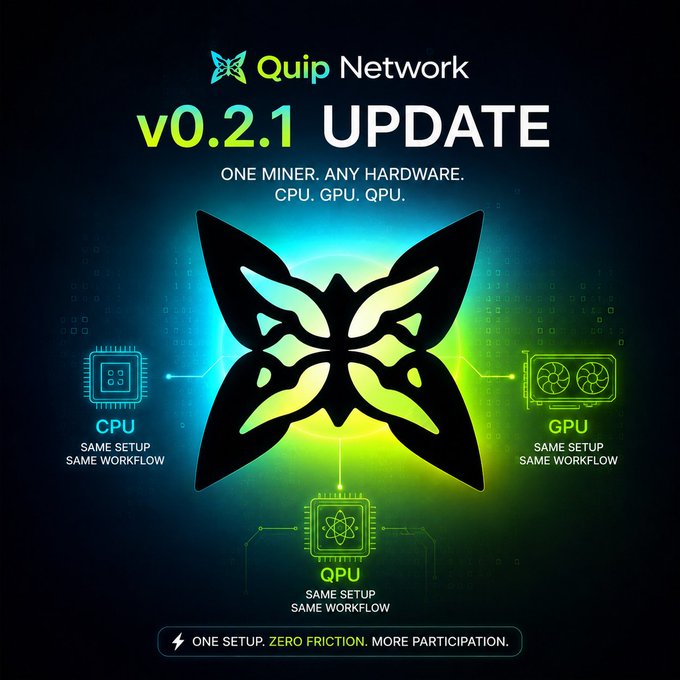 Promotional graphic for 'Quip Network v0.2.1 UPDATE' featuring a butterfly logo and the tagline 'ONE MINER. ANY HARDWARE. CPU. GPU. QPU.' with three icons for CPU, GPU, and QPU support.