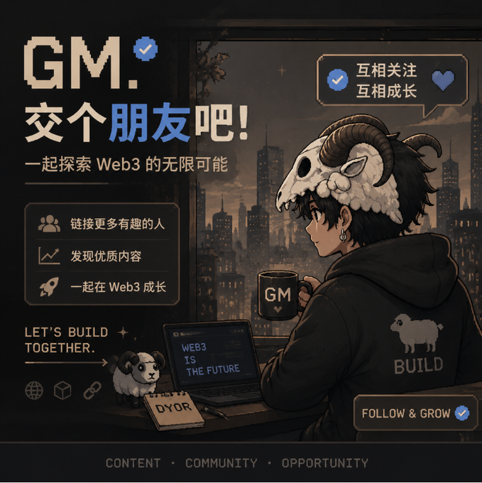A pixel-art promotional image featuring an anime-style character wearing a ram skull mask and "BUILD" hoodie, holding a "GM" mug while looking over a city skyline, alongside a laptop displaying "WEB3 IS THE FUTURE" and Chinese text reading "GM. 交个朋友吧! 一起探索 Web3 的无限可能" (GM. Let's be friends! Explore the infinite possibilities of Web3 together). The image supports the post's call for Blue V (verified) accounts to gather and share content across diverse topics including Web3, crypto, AI, and tech, emphasizing community-building and mutual growth.