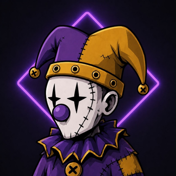 A stylized illustration of a sinister jester with a purple and gold patchwork hat, a stitched white mask, and a purple ruffled collar is set against a dark background with a glowing purple diamond outline, fitting the edgy NFT giveaway theme for @TheCynicsNFT.
