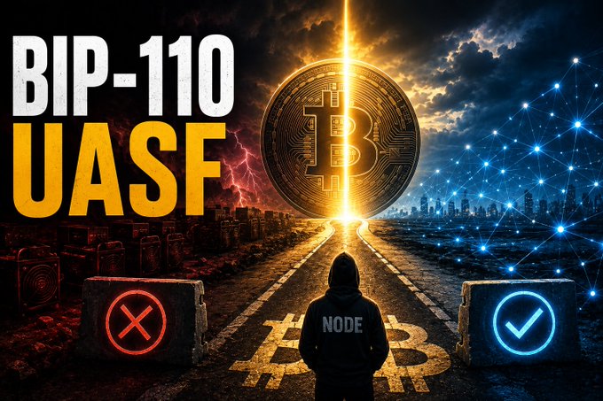 A dramatic digital illustration featuring a large Bitcoin coin split down the middle, with a hooded figure labeled 'NODE' standing between a red 'X' block and a blue checkmark block, referencing 'BIP-110 UASF'.