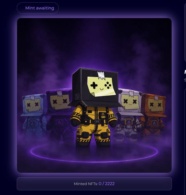 A digital collectible or NFT display showing a group of toy-like characters with box-shaped heads and 'X' eyes in hazmat suits, with the front yellow-suited character featuring a cute smiling face with a bandage; the interface reads 'Mint awaiting' and 'Minted NFTs: 0 / 2222'.
