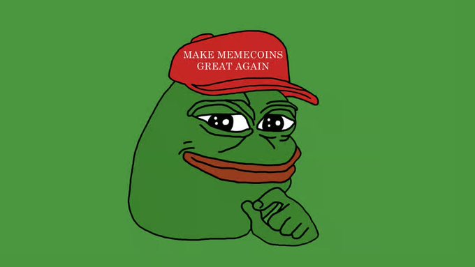 A Pepe the Frog meme wears a red MAGA-style cap reading "MAKE MEMECOINS GREAT AGAIN," pointing at the viewer with a confident smirk. The image perfectly captures the post's nostalgic sentiment, framing the OG $PEPE memecoin as a bygone era being revived through a playful political parody.