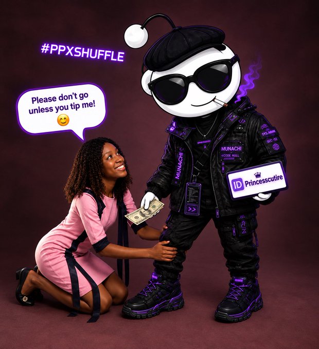 A digital artwork showing a large mascot character wearing sunglasses and a beret in a black and purple "MUNACHI" outfit holding an ID card and cash, while a kneeling woman in pink reaches toward them, with text "#PPXSHUFFLE" and a speech bubble reading "Please don't go unless you tip me!"