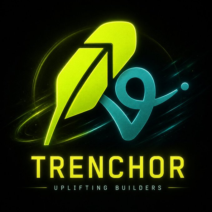 A glowing neon logo for "TRENCHOR" featuring a stylized green leaf and teal "0" graphic, with the tagline "UPLIFTING BUILDERS" beneath, visually representing the crypto token launch platform mentioned in the post about Virtuals 2.0 going live on Robinhood.