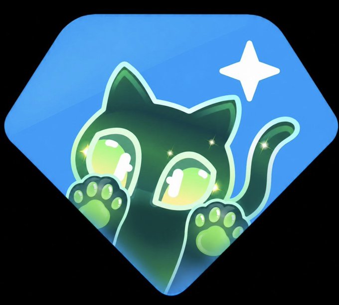 A digital app icon or illustration of a cute green cartoon cat with large glowing eyes and paw prints against a blue diamond-shaped background with a white star.
