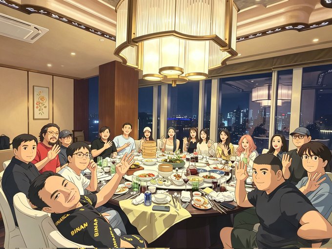 The image shows a group of people sitting around a dining table, with some waving at the camera while others are eating food. The scene appears to be set in an upscale restaurant or hotel, as there are multiple chairs placed around the table. A chandelier hangs above them, adding elegance to the atmosphere. The post includes various usernames and logos of people who have contributed to this image, such as @web4miko, @Goupenguin, @moonkimbinance, @rexinshiminxg, @CryptoBigHand, @0xJason, @yayabinance, @miyayweb3, @pearbinance, @ai_9684xtpa, @HeeYeoSoHOT, and @liushezhang. The image also contains text that reads "第一次参加币安的饭局", "@web4miko", "@Goupenguin", "@moonkimbinance", "@rexinshiminxg", "@CryptoBigHand", "@0xJason", "@yayabinance", "@miyayweb3", "@pearbinance", "@ai_9684xtpa", @HeeYeoSoHOT, and "@liushezhang".