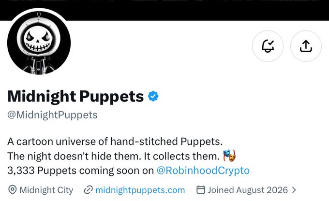 A Twitter profile for 'Midnight Puppets' (@MidnightPuppets) with a verified checkmark, describing itself as 'A cartoon universe of hand-stitched Puppets' and mentioning @RobinhoodCrypto.