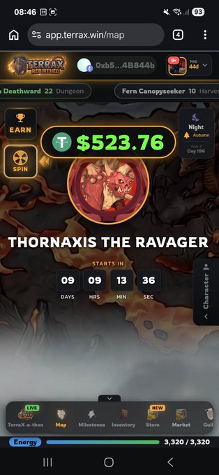 Mobile screenshot of the TerraX game interface displaying a character or NPC named 'THORNAXIS THE RAVAGER' with a reward of $523.76 and a countdown timer of 9 days, 9 hours, 13 minutes, and 36 seconds.