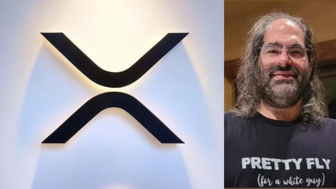The image shows the XRP logo alongside a man wearing a "PRETTY FLY (for a white guy)" t-shirt, likely a reference to a notable figure in the XRP community. The post announces the XRP Ledger's reduction of account reserve requirements from 10 XRP to 1 XRP, a 90% decrease aimed at making the network more accessible.