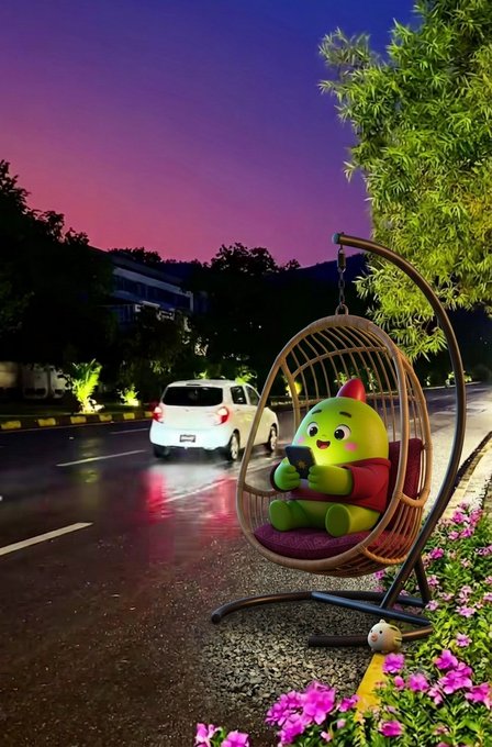 A whimsical AI-generated scene showing a cute green character with a red crest sitting in a hanging rattan chair, holding a phone, set against a purple sunset sky with a car passing on a wet street below.