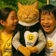 A photo showing two laughing children wearing 'Giggle Academy' t-shirts posing with a large orange cat character mascot wearing a crown and a matching apron.