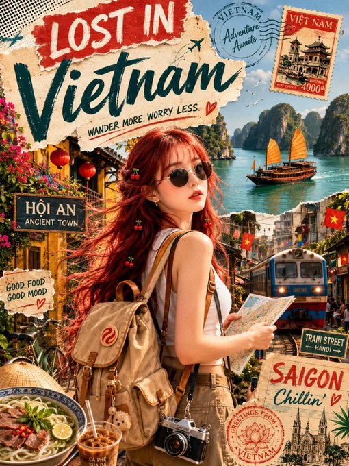 The image features a woman with red hair wearing sunglasses, standing next to a poster for "Lost In Vietnam", which has various elements such as boats, buildings, and food items like bowls of soup and sandwiches. The poster also includes a map of Vietnam and some text about the country's culture and attractions.