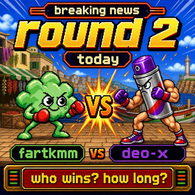 A pixel-art 'Breaking News Round 2' graphic featuring a green character named 'fartkmm' boxing against a spray can character named 'deo-x' with the question 'who wins? how long?'.