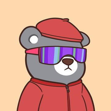 A cartoon illustration of a gray bear wearing a red jacket and red cap, accessorized with colorful purple and green shutter shades.